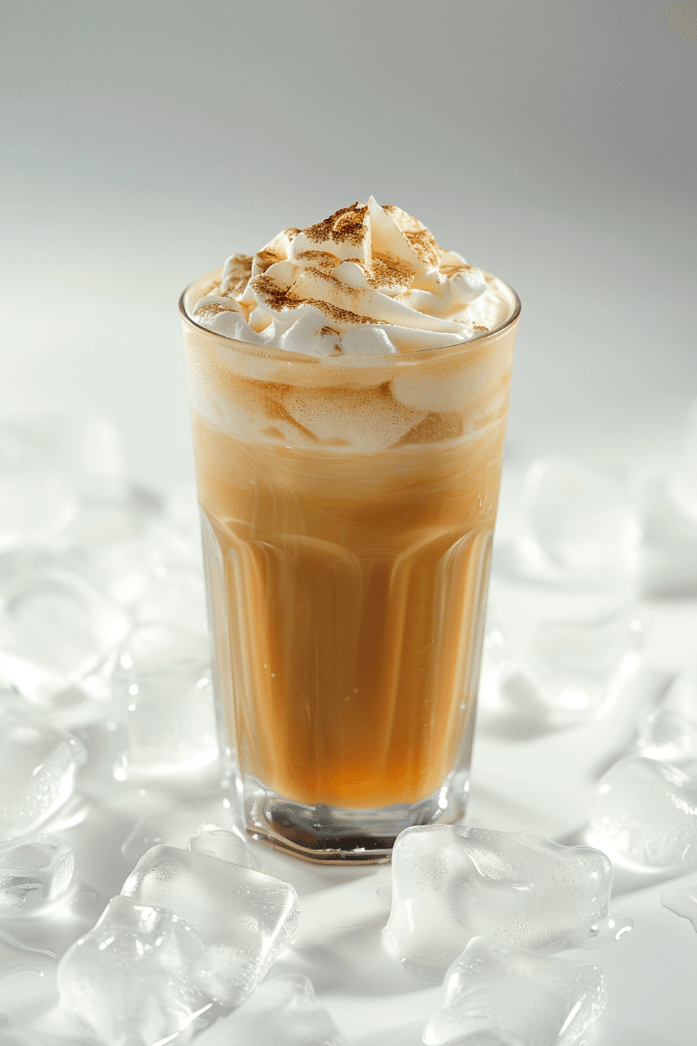 Tall glass of iced coffee topped with whipped cream and cinnamon