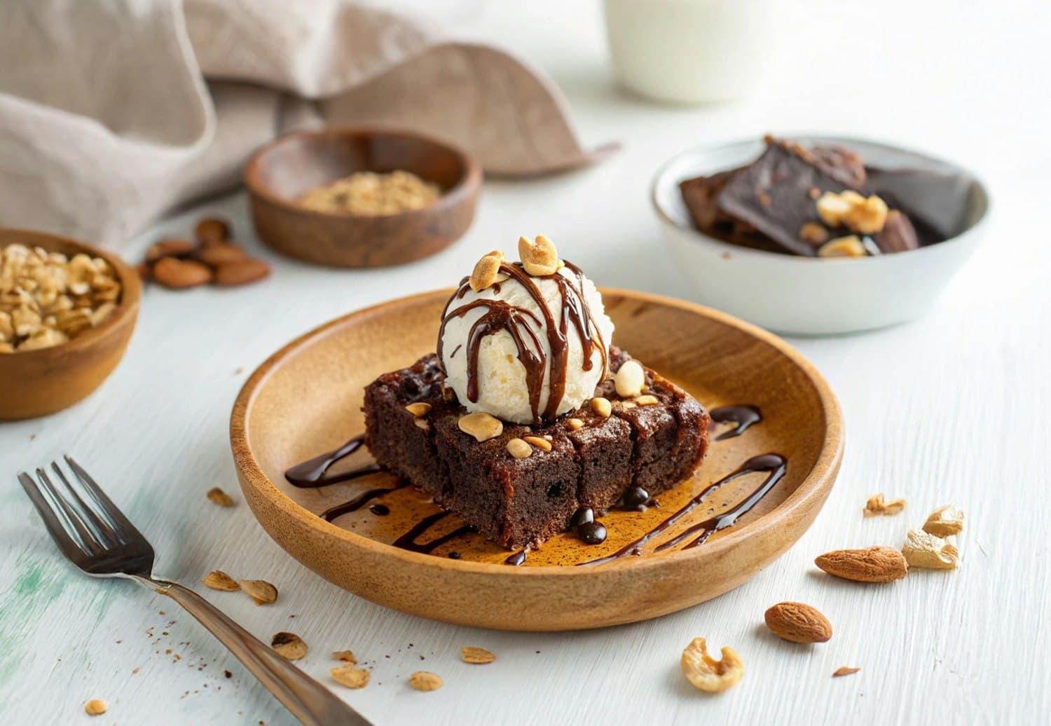 Warm brownie topped with vanilla ice cream, chocolate sauce and nuts