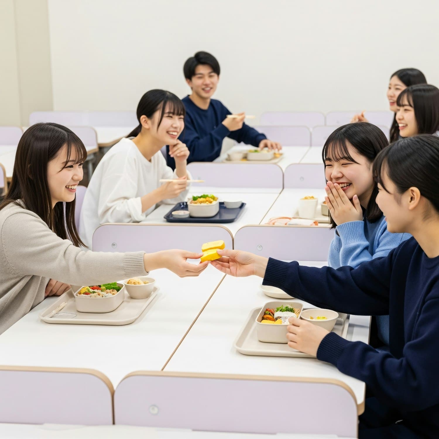 Students sharing food around a table