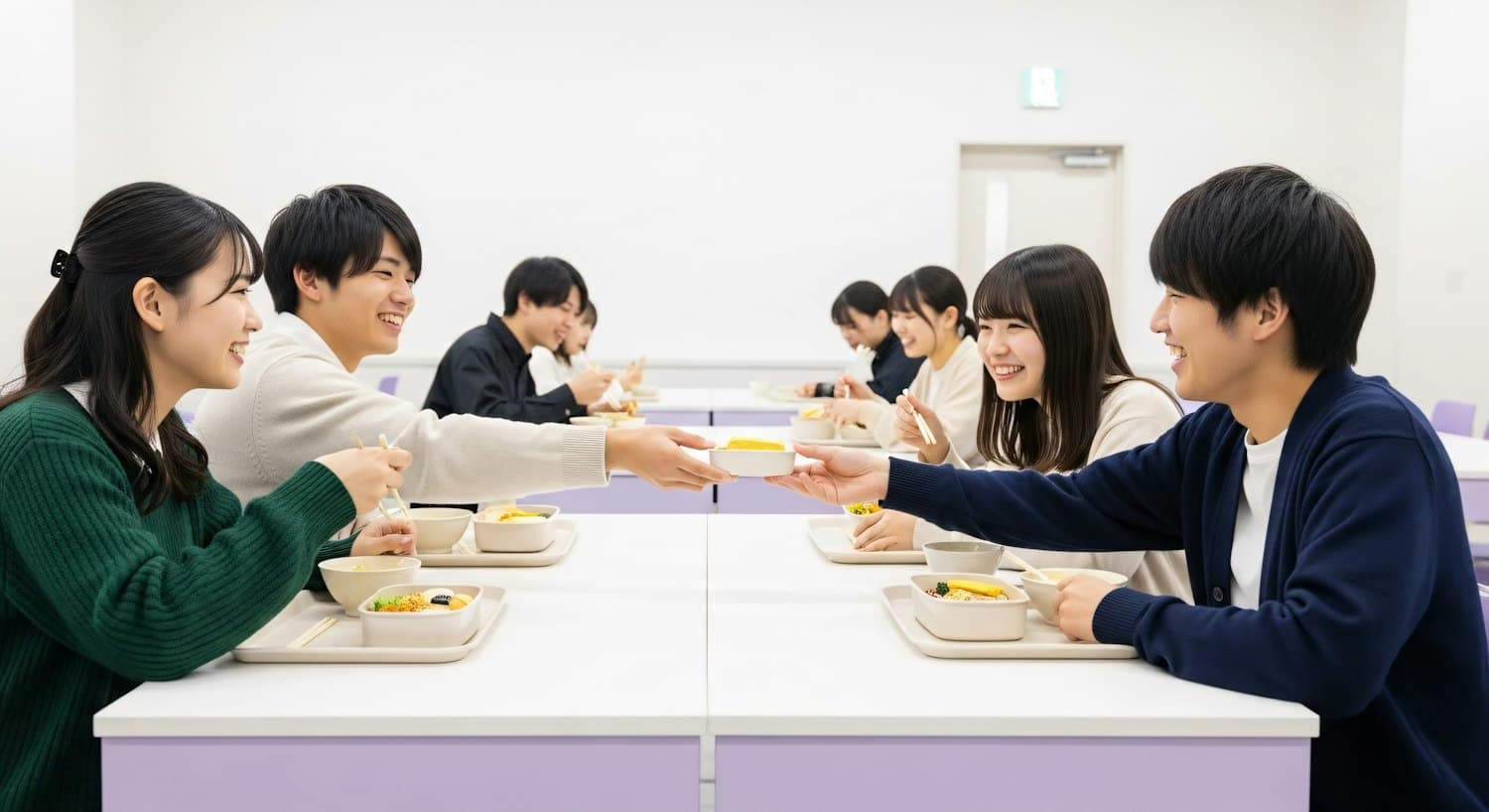 Friends sharing a meal at a long bright table