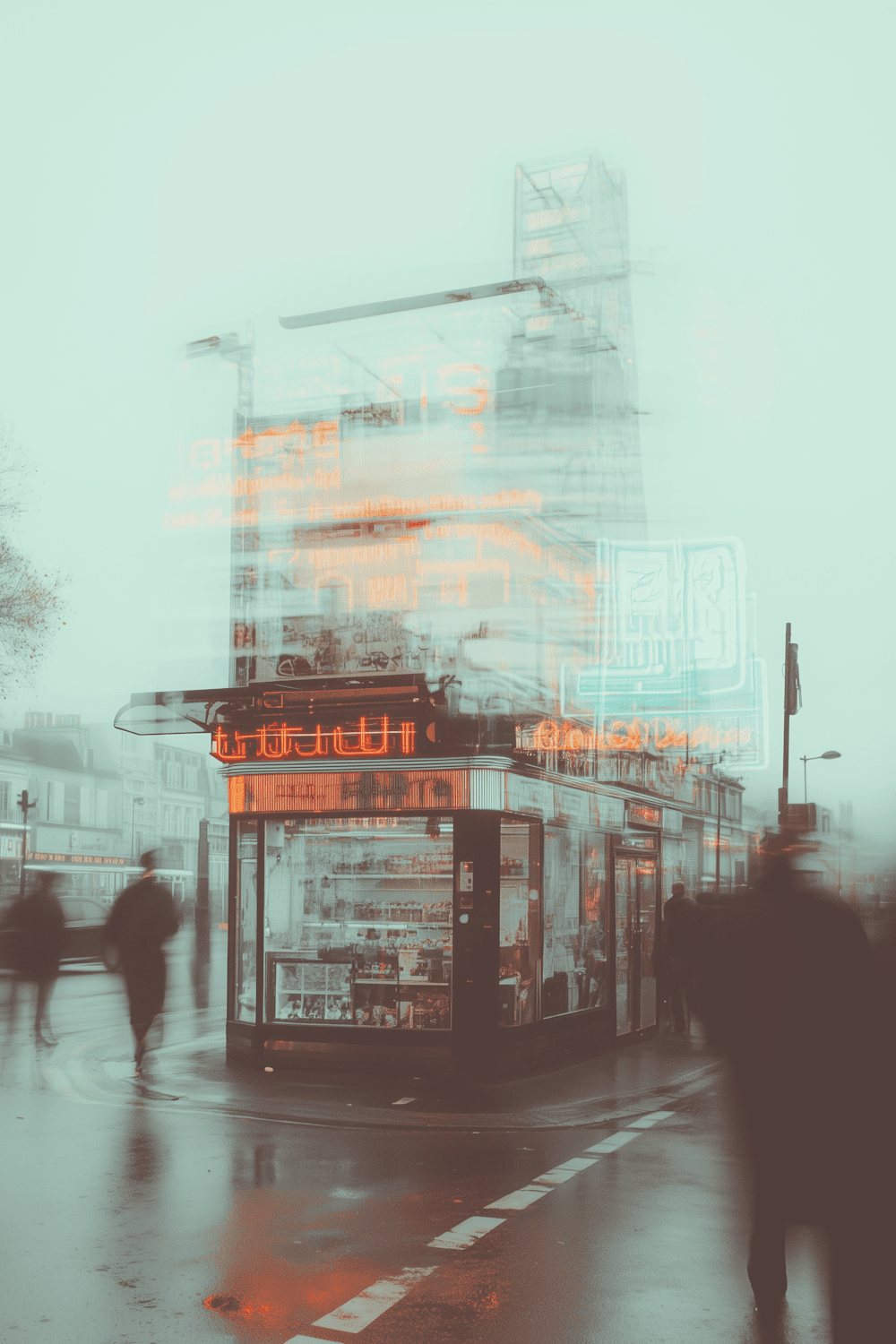 Neon-lit kiosk on a misty street at night