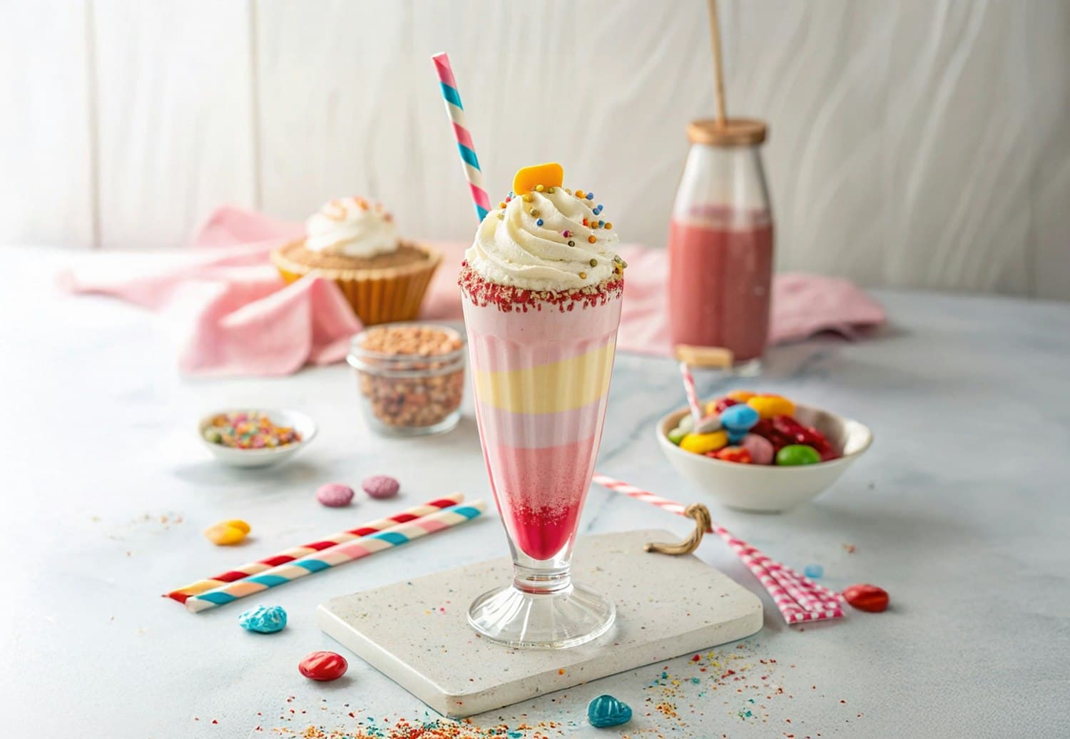 Layered milkshake with whipped cream and sprinkles