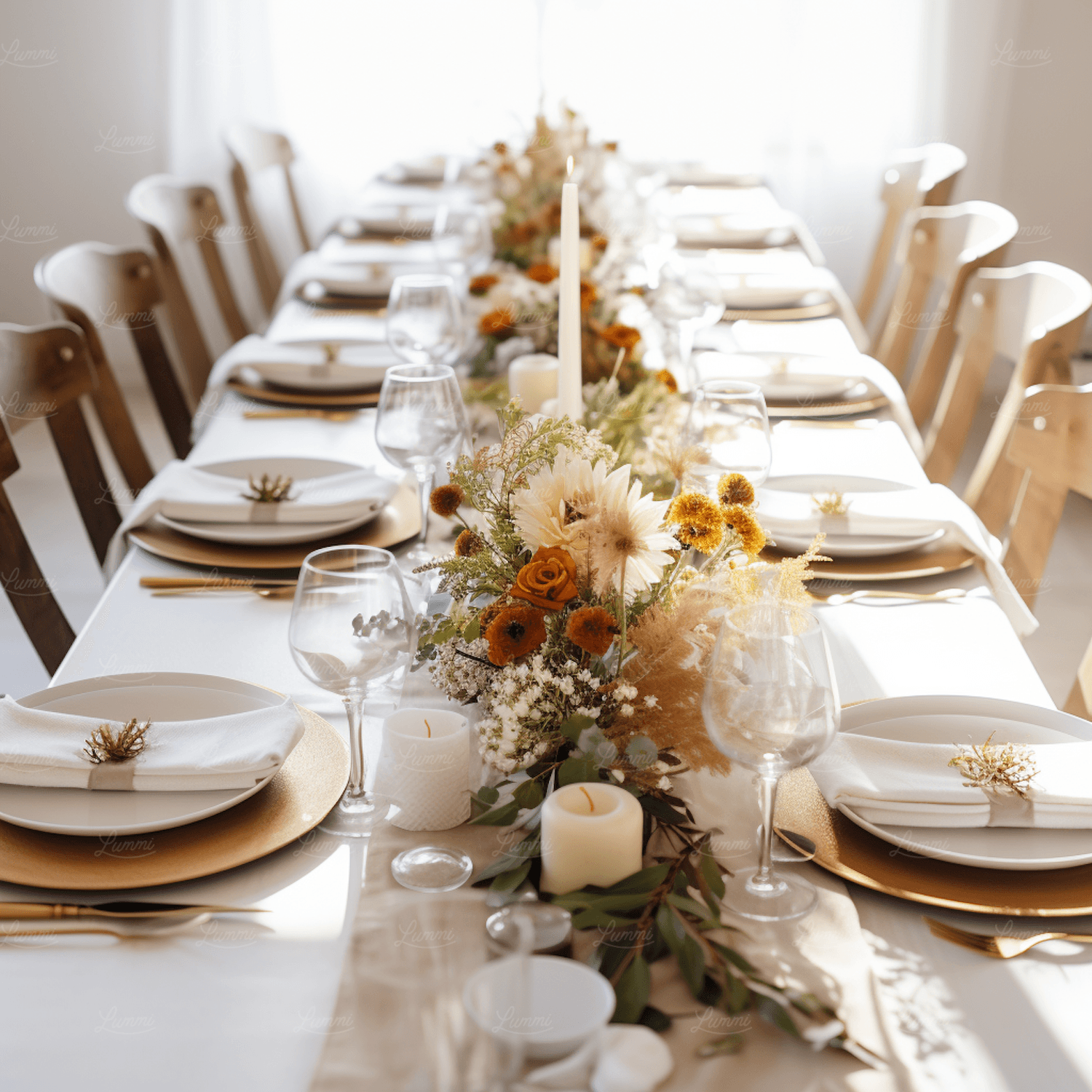 Dining table dressed with candles and an autumn floral centrepiece
